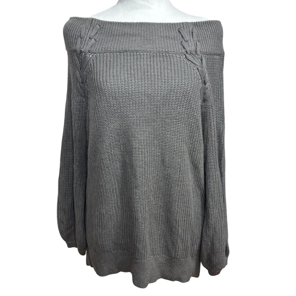 NY & Co Soho Jeans Sweater Gray Off Shoulder Cable Knit Boho Minimalist Casual M - Picture 2 of 10